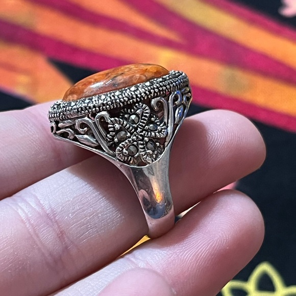 VTG NK Signed Sponge Coral Marcasite Sterling Silver 925 Size 9 3/4 Ring - Picture 4 of 9